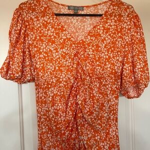 Orange Ruched Puff Sleeve Midi Dress
